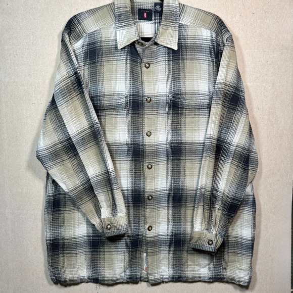 Levi's Mens Flannel Shirt Button Up Plaid L Beige Black Long Sleeve Cotton - Picture 1 of 9